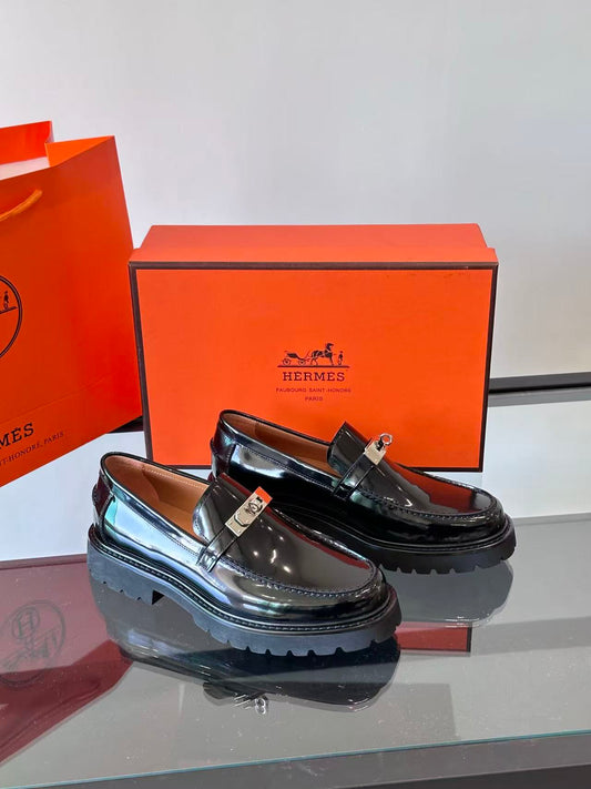Hermes 2026 Paris Loafer Black Leather with Silver Buckle