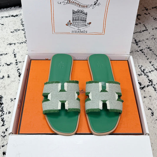 HM 26ss Oran Sandals Green White Canvas Cowhide 617215