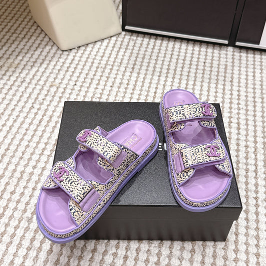 CC 26s Sandals Purple Beige Leather Raffia 632395