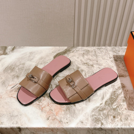 HM 2026 Flat Slippers Taupe Pink Calfskin 655859