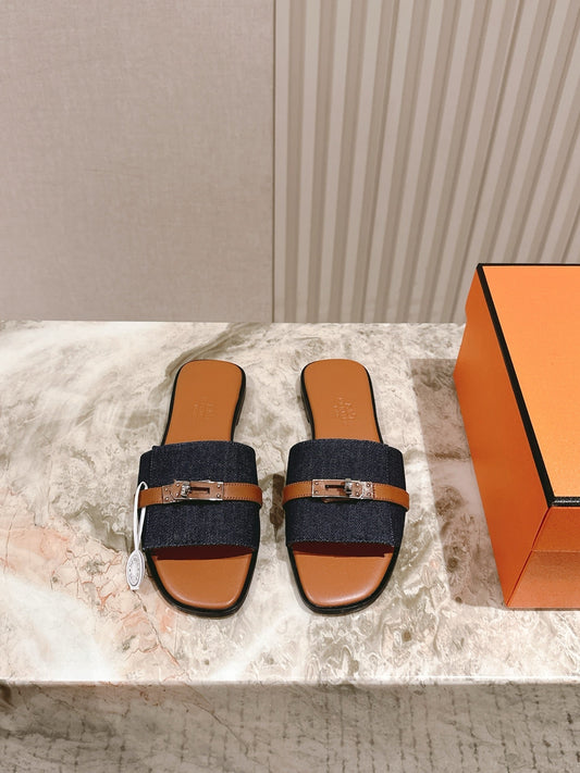 HM 2026 Flat Slippers Tan Brown Blue Denim Calfskin 655860