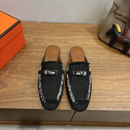HM 26ss Mule Black Denim Leather Sliver Buckle  638473