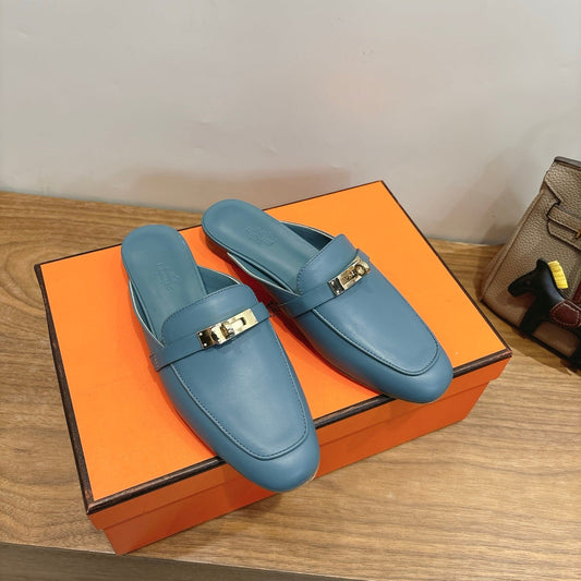 HM 26ss Mule Deep Blue Calfskin Gold Buckle 638465