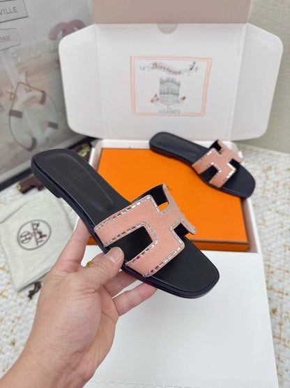 HM 26ss Oran Sandals Black Light Pink Suede Sheepskin 625237