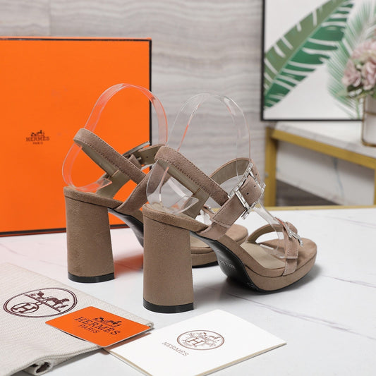 HM 26ss Platform High-Heeled Sandals Taupe Velvet Sheepskin 601218