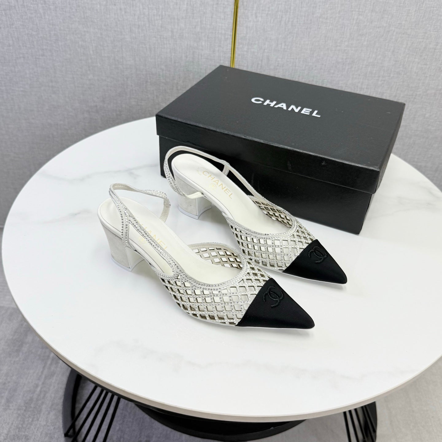 Chanel 2026 Embellished Mesh Slingback 50mm Sheepskin Satin 904533