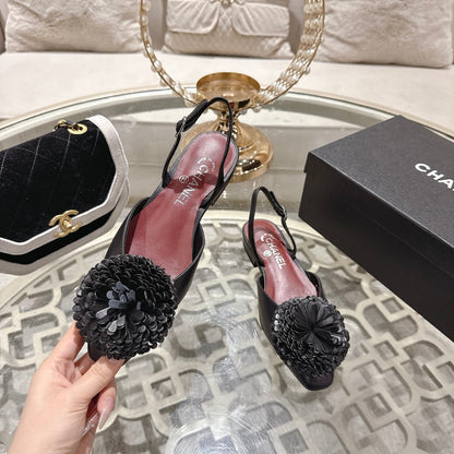 CC 26s Floral Backless Sandals Black Sheepskin 627019