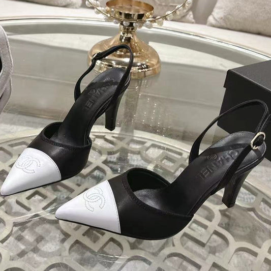 Chanel 2026 Pointed-Toe High-Heeled Sandal Black White Sheepskin 634229