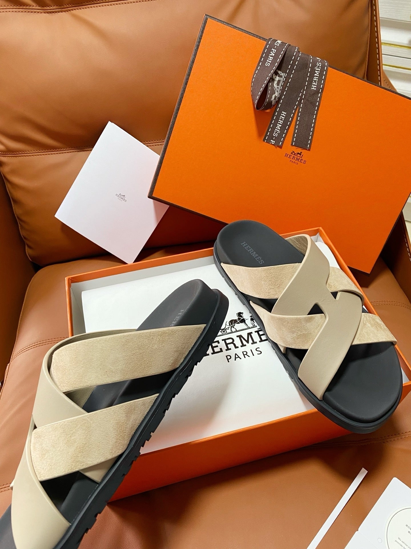 HM 2026 Cross Sandals Black Beige Suede Calfskin 667295